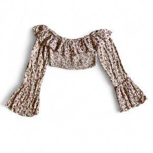 Kimchi Blue Urban Outfitters Cropped Floral Smocked Ruffle Bell Sleeve Top